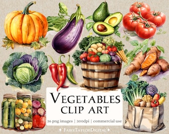 36 Vegetables PNG Clipart | Transparent Background | Instant Download | Commercial Use POD | Watercolor Rustic Cooking Food Clipart bundle