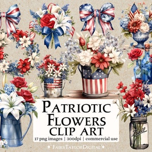 17 Vaterländische Blumen PNG Clipart, transparente Sofort-Download, kommerzielle Nutzung, Aquarell rot, weiß und blau Blumen 4. Juli Clipart-Bundle