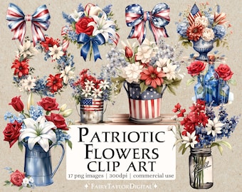 17 Patriotic Flowers PNG Clipart, Transparent Instant Download, Commercial Use, Watercolor Red White and Blue Floral July 4th Clipart bundle