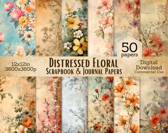 50 Distressed Floral Digital Paper Bundle | 12x12 Journal Paper, Scrapbook Paper, Grunge Paper, Shabby Chic Floral Paper, Commercial Use