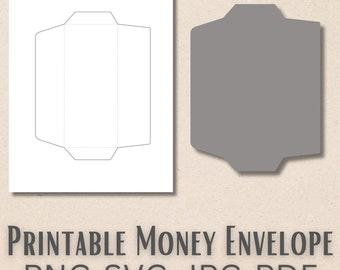 Peut inclure: Modèle d'enveloppe à argent imprimable en noir et blanc. Le modèle est présenté plié et déplié. Le texte sur l'image indique "Printable Money Envelope PNG.SVG.JPG.PDF".