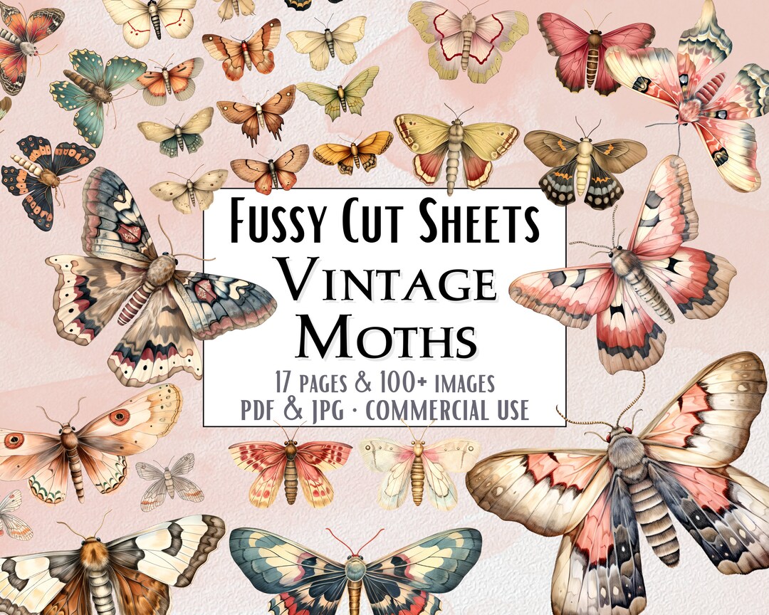 100 Vintage Moths Fussy Cuts, Instant Download Printable PDF Fussy