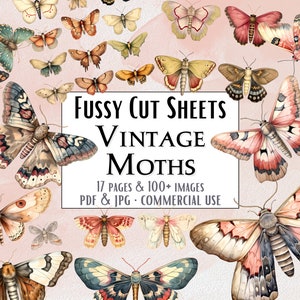 100+ Vintage Motten Fussy Schnitte, sofortiger Download druckbare PDF wählerische Schneide Blätter, pingelige Seiten Ephemera & Scrapbooking für kommerzielle Nutzung