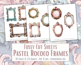 44 Pastel Rococo Frames Fussy Cuts, Digital Download Printable PDF Fussy Cut Sheets, fussy cut pages, ephemera, scrapbooking, junk journal