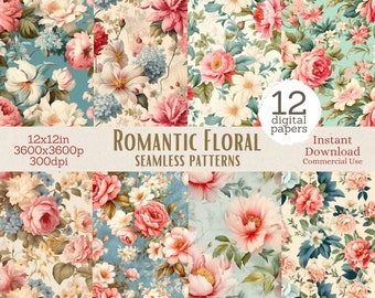 Seamless Patterns - Romantic Floral | Instant Download, Commercial Use | Digital paper for sublimation, cards, Scrapbooking & Junk Journals