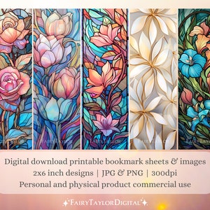 May include: Set of five digital download printable bookmark sheets featuring floral designs. Each bookmark showcases a different flower in a stained-glass style, with colors including pink, peach, blue, and white. The bookmarks are 2x6 inches.