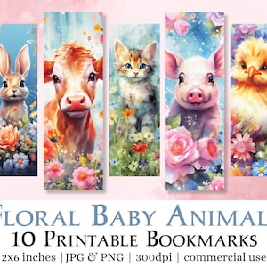 Printable Bookmark Set - Baby Animals | Digital Download JPG Pages to print and cut, PNG bookmark sublimation, Watercolor Floral Bookmarks