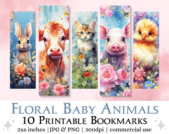 Afdrukbare boekenleggerset - Babydieren | Digitale download JPG-pagina's om af te drukken en te knippen, PNG-bladwijzersublimatie, aquarel bloemenbladwijzers