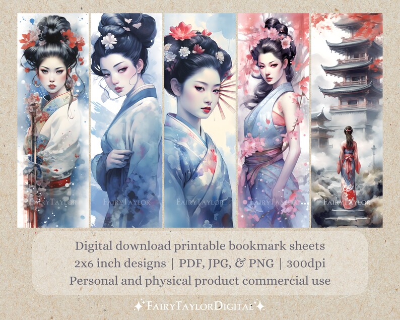 10 Geisha Printable Bookmarks Print &amp; Cut JPG Pages PNG - Etsy