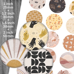 Może przedstawiać: Zestaw 10 okrągłych naklejek z różnymi abstrakcyjnymi wzorami w ciepłych odcieniach żółtego, pomarańczowego, brązowego i kremowego. Wzory obejmują dłonie, księżyce, gwiazdy, kształty geometryczne i marmurowe wzory. Naklejki są dostępne w czterech rozmiarach: 1 cal (25 mm), 1,2 cala (30 mm), 1,5 cala (38 mm) i 2 cale (50 mm).