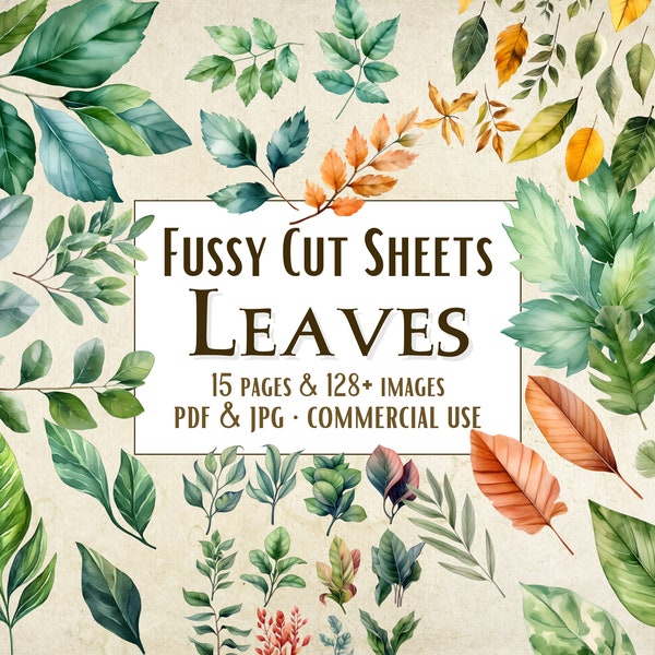 128+ Watercolor Leaves Fussy Cuts Instant Download Printable PDF Fussy Cutting Sheets, fussy cut pages ephemera scrapbooking commercial use