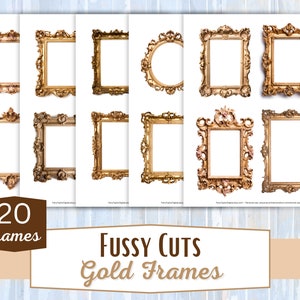 May include: Twenty gold picture frames with ornate designs. The frames are all different sizes and shapes, and they are all on a white background.