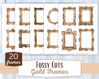Gold Frames Fussy Cuts | Digital Download JPG print and cut pages with tags, scrapbooking, ephemera, junk journal kit, digital collage