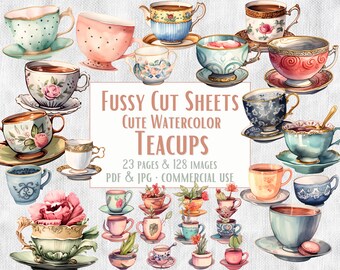 128 Cute Watercolor Teacups Fussy Cuts, Instant Download Printable PDF Fussy Cutting fussy cut pages ephemera scrapbooking commercial use