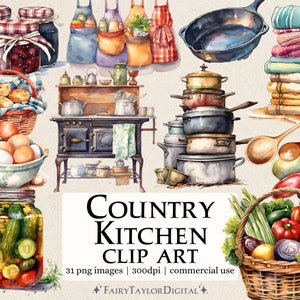 31 Cozinha Country PNG Clipart | Fundo Transparente | Download instantâneo | POD para uso comercial | Pacote de clipart de culinária rústica em aquarela