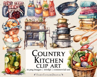 31 Country Kitchen PNG Clipart | Transparent Background | Instant Download | Commercial Use POD | Watercolor Rustic Cooking Clipart bundle