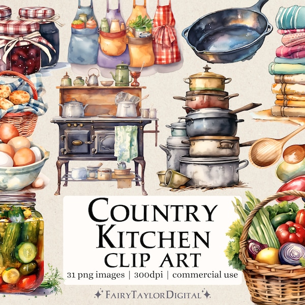 31 Country Kitchen PNG Clipart | Transparent Background | Instant Download | Commercial Use POD | Watercolor Rustic Cooking Clipart bundle