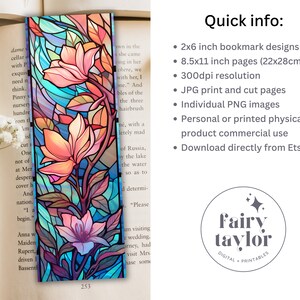 May include: A floral bookmark design featuring a stained-glass style illustration. The bookmark showcases pink and orange flowers with green stems against a blue background. The text "Quick info:" and "Fairy Taylor" are also visible.