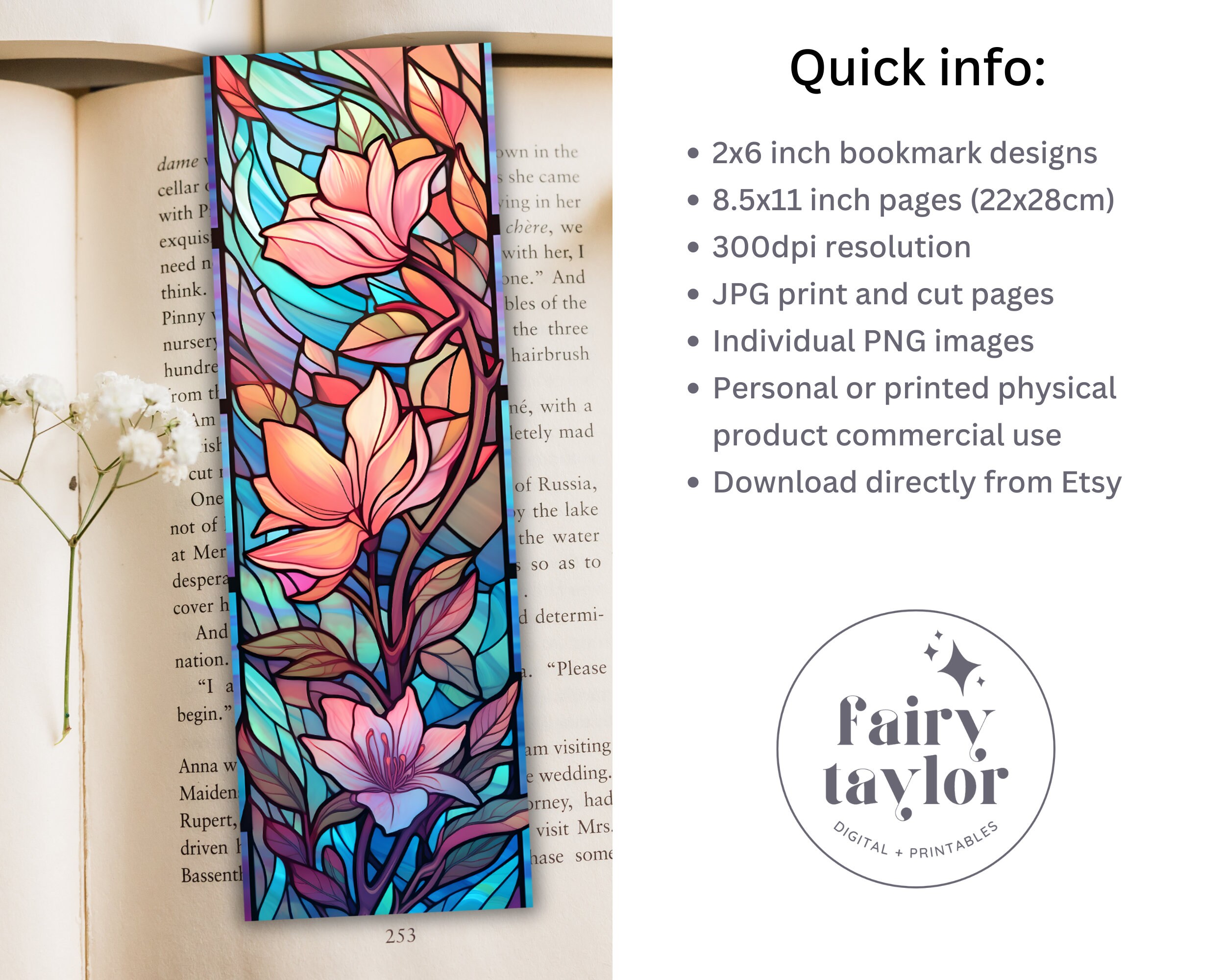 Stained Glass Flowers Printable Bookmarks | JPG Pages Print and Cut ...