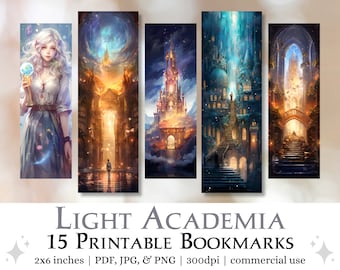 15 marcadores imprimibles de Light Academia / Imprimir y cortar páginas JPG, sublimación PNG, juego de marcadores de fantasía, regalo de libro, uso comercial impreso