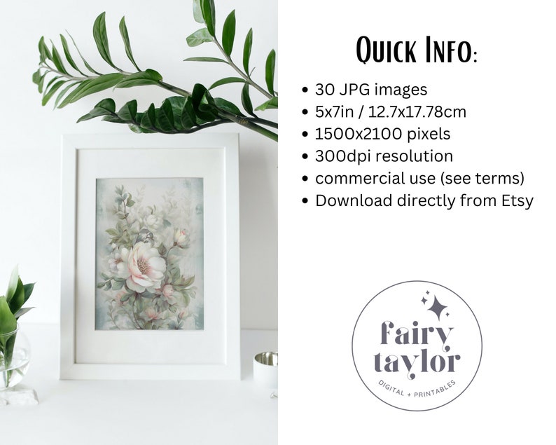 May include: A framed floral print featuring a bouquet of pink and white roses with green foliage. The frame is white, and the print is displayed on a white surface. The image includes the text "Quick Info: 5x7in / 12.7x17.78cm".