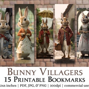 15 Bunny Villagers Printable Bookmarks | Digital Download JPG Bookmark Sheets, PNG bookmark sublimation, Print and Cut Bookmark Set