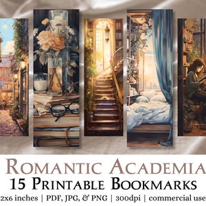 15 Romantic Academia Printable Bookmarks | Digital Download JPG Bookmark Sheets, PNG bookmark sublimation, Print and Cut Bookmark Set