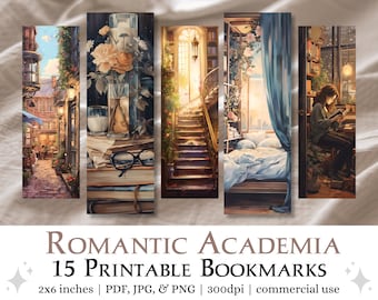 15 Romantic Academia Printable Bookmarks | Digital Download JPG Bookmark Sheets, PNG bookmark sublimation, Print and Cut Bookmark Set