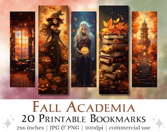 Fall Academia Printable Bookmarks digital download | PNG Sublimation images, JPG print and cut pages, Fantasy Bookmark Set, Commercial Use