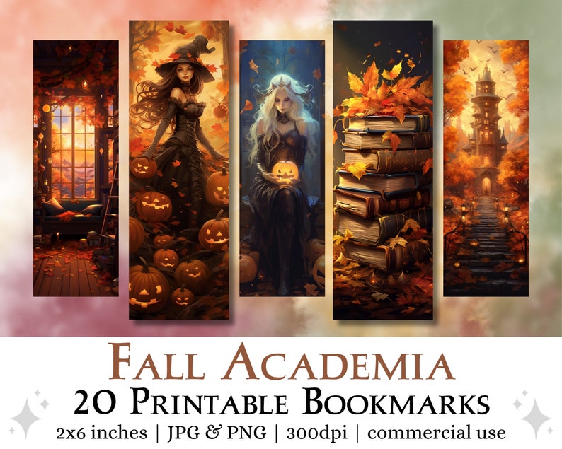 May include: Set of 20 printable bookmarks featuring a fall theme. The bookmarks include images of a witch, a woman with a crown, a stack of books, and a spooky castle. The bookmarks are 2x6 inches and are available in JPG and PNG formats.