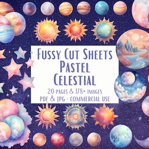 178+ Pastel Celestial Fussy Cuts Instant Download Printable PDF Fussy Cutting Sheets, fussy cut pages ephemera scrapbooking commercial use