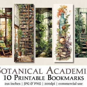 10 Botanical Academia Printable Bookmarks | Digital Download JPG Bookmark Sheets, PNG bookmark sublimation, fantasy bookmark set