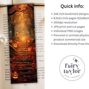 May include: A set of printable Halloween bookmark designs featuring a path of stairs leading up to a forest with glowing jack-o-lanterns. The design is 2x6 inches and comes in 8.5x11 inch pages with 300 dpi resolution.  The designs are available as JPG print and cut pages and individual PNG images.