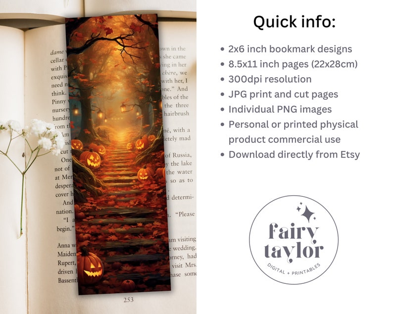 May include: A set of printable Halloween bookmark designs featuring a path of stairs leading up to a forest with glowing jack-o-lanterns. The design is 2x6 inches and comes in 8.5x11 inch pages with 300 dpi resolution.  The designs are available as JPG print and cut pages and individual PNG images.
