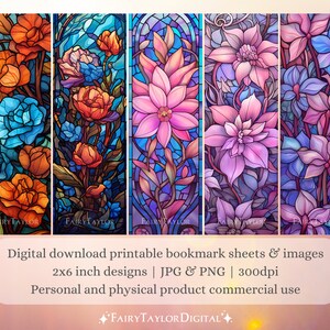 May include: Set of five digital bookmark designs featuring floral stained-glass art. Each bookmark showcases a different flower in shades of orange, blue, pink, and purple. The bookmarks are 2x6 inches in size and are available as JPG and PNG files.