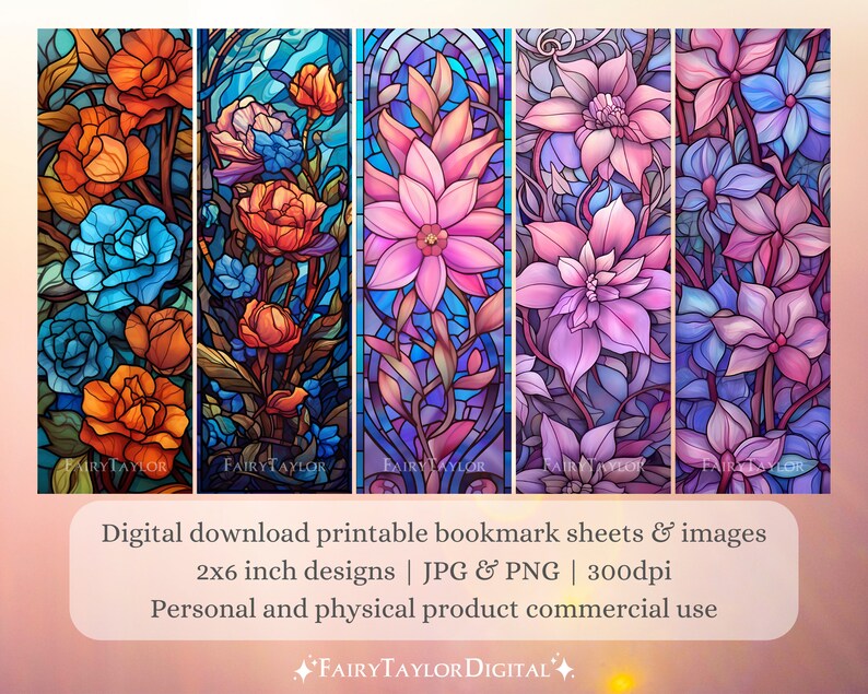 May include: Set of five digital bookmark designs featuring floral stained-glass art. Each bookmark showcases a different flower in shades of orange, blue, pink, and purple. The bookmarks are 2x6 inches in size and are available as JPG and PNG files.