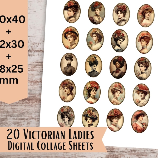 Victorian Ladies Digital Collage Sheets, Cabochon Images, Oval Collage Sheet 30x40mm, 22x30mm, 18x25mm Printable Images, Digital Download