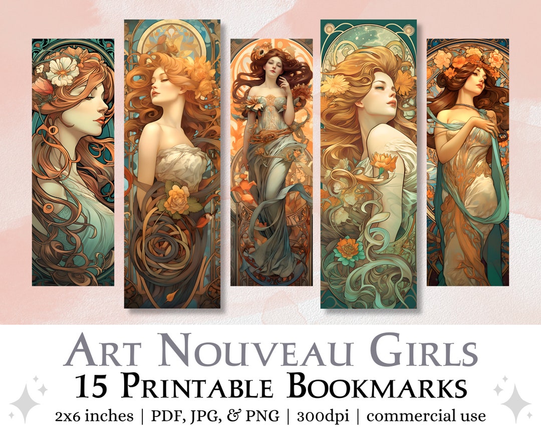 15 Art Nouveau Girls Printable Bookmarks | JPG Bookmark Sheets &amp; PNG ...