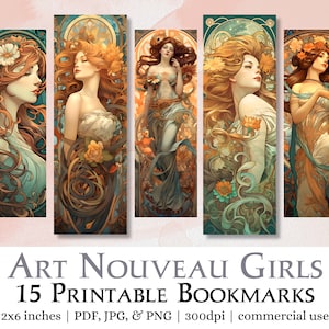 15 Art Nouveau Girls Printable Bookmarks | JPG Bookmark Sheets & PNG images for sublimation, print and cut bookmark set, with commercial use
