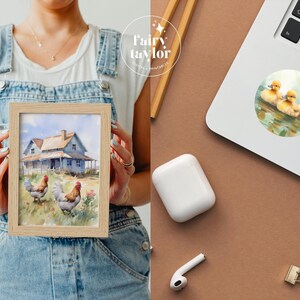 May include: A framed watercolor painting of a farmhouse with two chickens in the front yard. The farmhouse is painted in shades of blue and white, with a brown roof. The chickens are brown and white, and they are standing in a green grassy area. The painting is surrounded by a wooden frame.