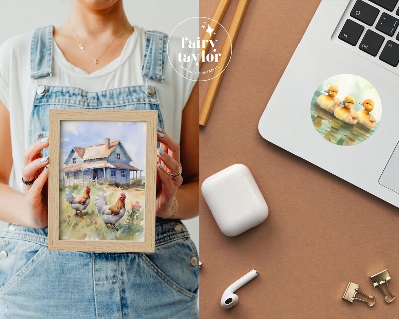 May include: A framed watercolor painting of a farmhouse with two chickens in the front yard. The farmhouse is painted in shades of blue and white, with a brown roof. The chickens are brown and white, and they are standing in a green grassy area. The painting is surrounded by a wooden frame.