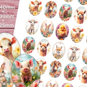 Könnte beinhalten: Ein Set mit 18 runden, farbenfrohen, aquarellartigen Aufklebern mit verschiedenen Nutztieren, darunter ein Schwein, ein Lamm, ein Kalb, ein Kaninchen, ein Küken, ein Fuchs und ein Alpaka. Die Aufkleber sind von Blumen und Grün umgeben.