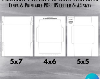 Envelope & Envelope Liner Canva Templates and printable PDF 5x7, 4x6 and 5x5 | A7 envelope, A6 envelope, 5x5 square envelope and liners