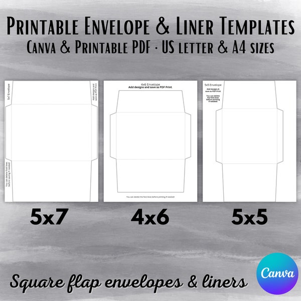 Envelope & Envelope Liner Canva Templates and printable PDF 5x7, 4x6 and 5x5 | A7 envelope, A6 envelope, 5x5 square envelope and liners