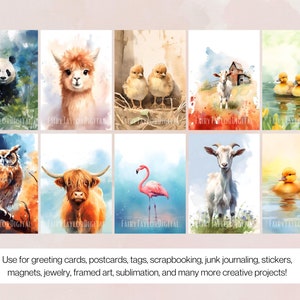 May include: A set of ten watercolor illustrations featuring various animals, including a panda, an alpaca, chicks, a goat, a highland cow, a flamingo, and ducklings. The illustrations are painted in a soft, whimsical style and are perfect for adding a touch of nature to your creative projects.