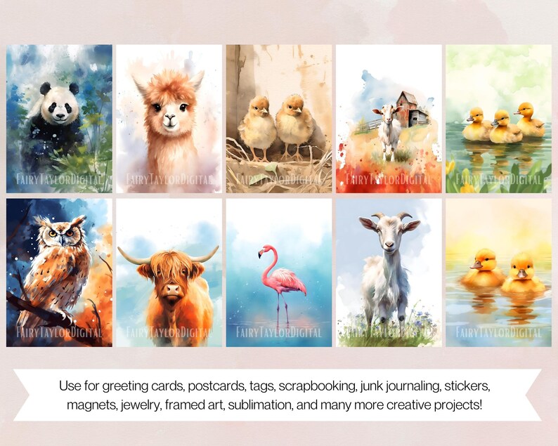 May include: A set of ten watercolor illustrations featuring various animals, including a panda, an alpaca, chicks, a goat, a highland cow, a flamingo, and ducklings. The illustrations are painted in a soft, whimsical style and are perfect for adding a touch of nature to your creative projects.