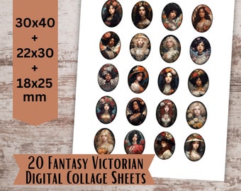 Fantasy Victorian Digital Collage Sheets, Cabochon Images, Oval Collage Sheet 30x40mm, 22x30mm, 18x25mm Printable Images, Digital Download