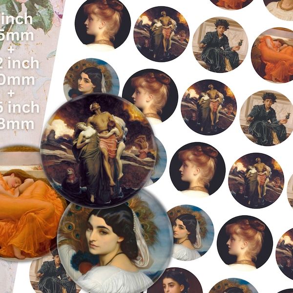 Frederic Leighton Circle Digital Collage Sheet - Cerchio da 1 pollice, 1,2 pollici, 1,5 pollici, Gioielli cabochon rotondi, impostazioni ciondolo, uso commerciale