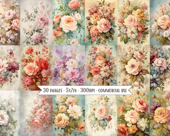 Shabby Floral 5x7 Images, DIY Greeting Card, Tags, Junk Journaling, digital cards, sublimation, art print, card front bundle, commercial use