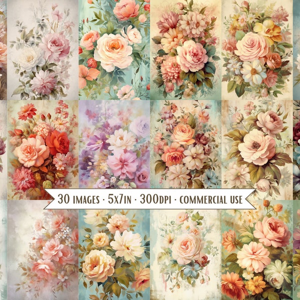 Shabby Floral 5 x 7 afbeeldingen, DIY-wenskaart, Tags, Junk Journaling, digitale kaarten, sublimatie, art print, kaart voorkant bundel, commercieel gebruik